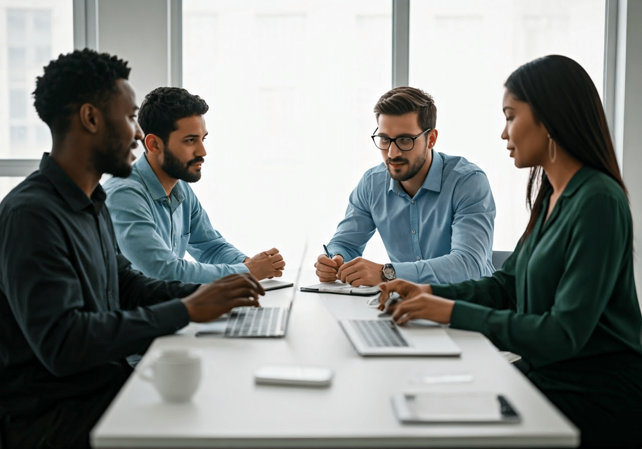 Diverse team discussing outsourcing strategy.