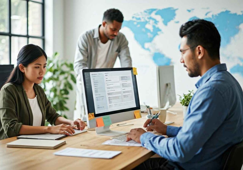 Team working on bookkeeping in modern office