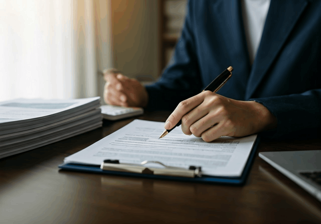 Person preparing taxes in office